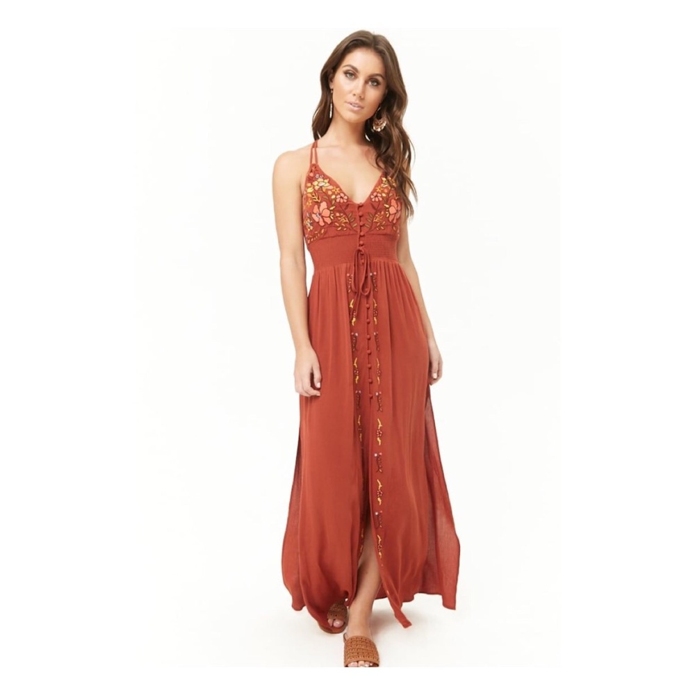 Floral Embroidered Front Slit Maxi NWOT